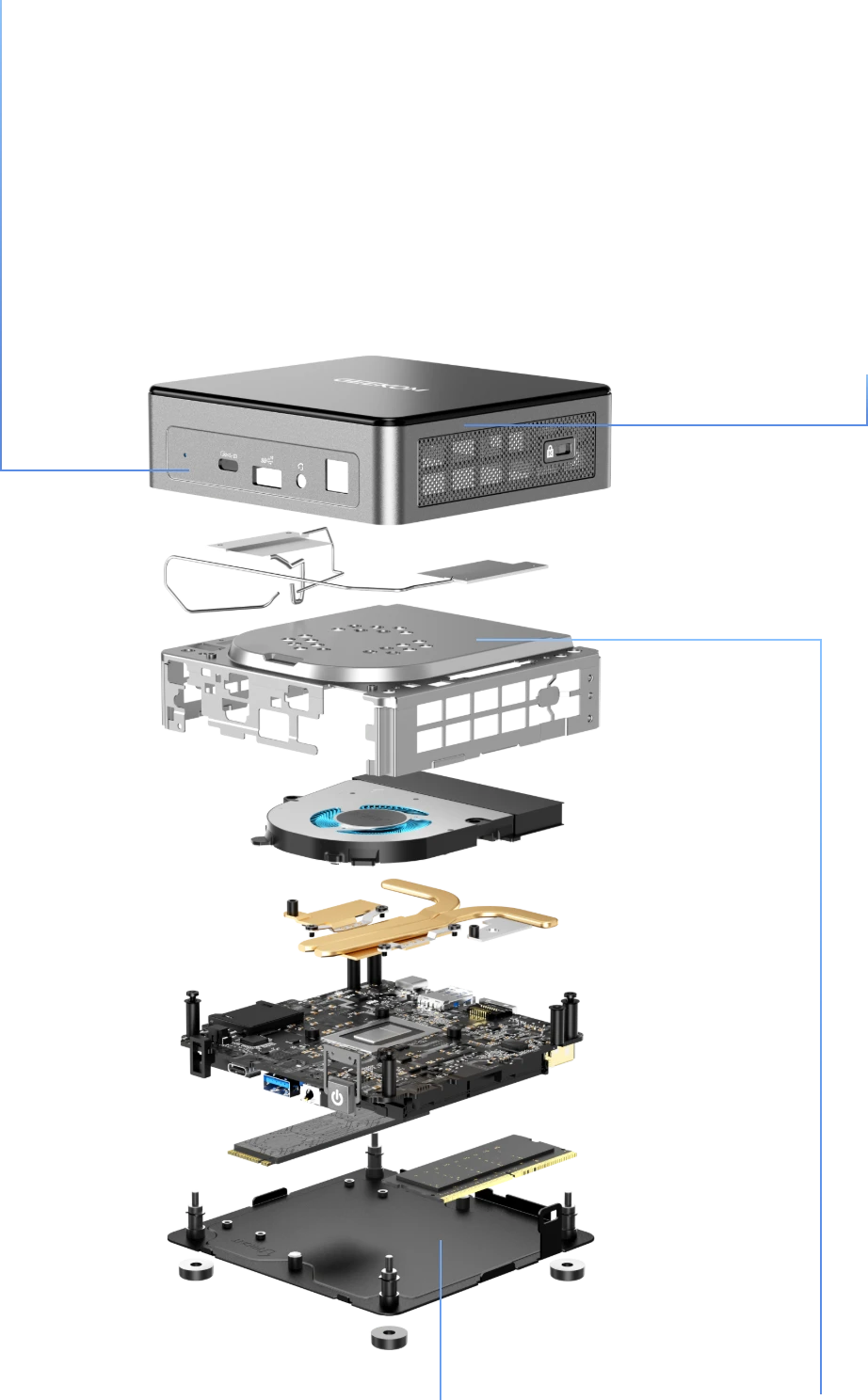GEEKOM AIR12 mini PC exploded view showing internal components.