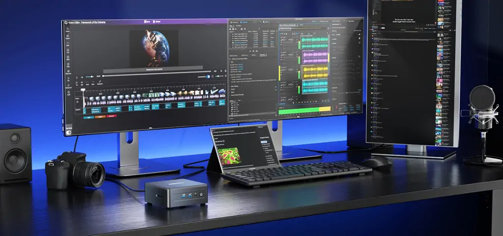 mini PC for video editing with quad-monitor setup