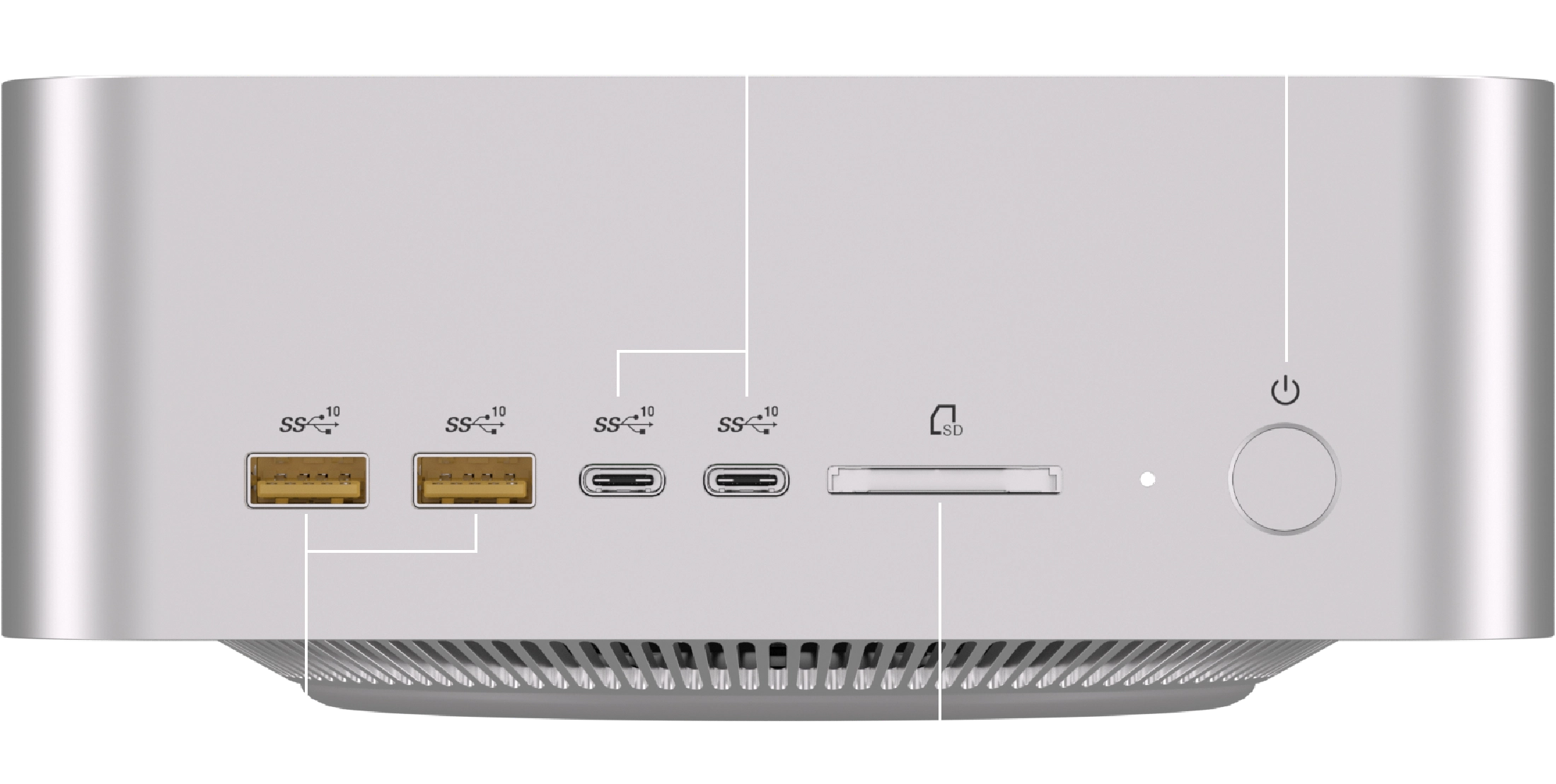 Connections on the front panel of GEEKOM A9 Mega AI Mini PC